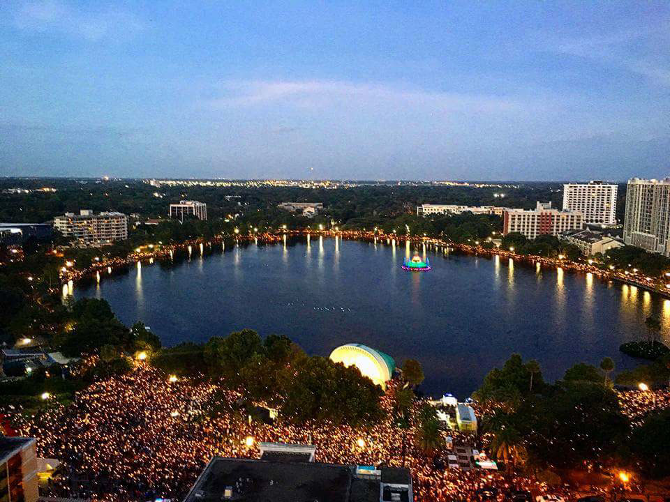 Aerial shot of Lake Eola during the Vigil