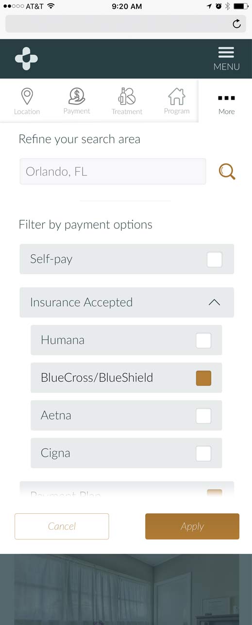 Addiction Center search filters showing the more self-directed treatment search experience