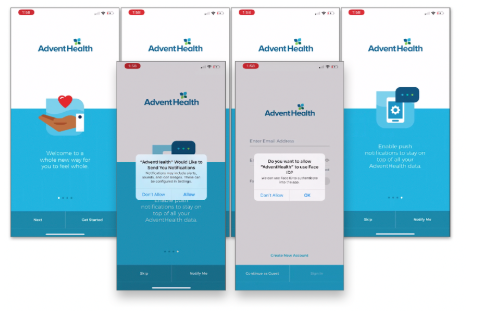 Onboarding screens from the AdventHealth app conversion study