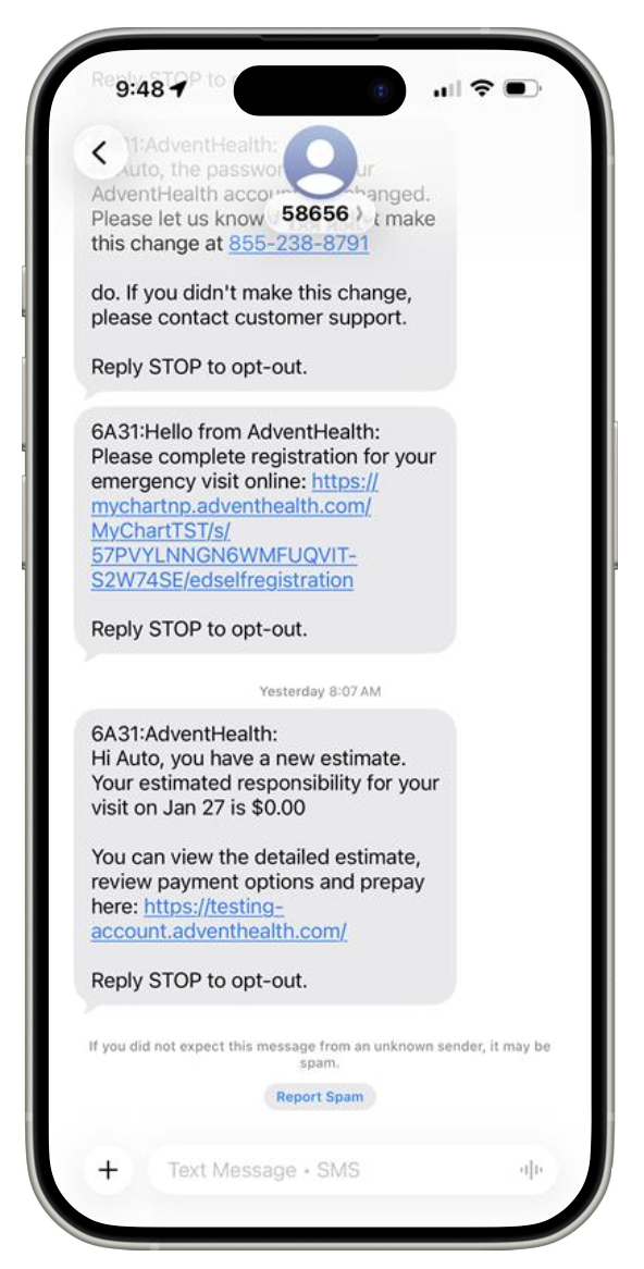 SMS invite message used to begin the MyChart Bedside ER onboarding flow