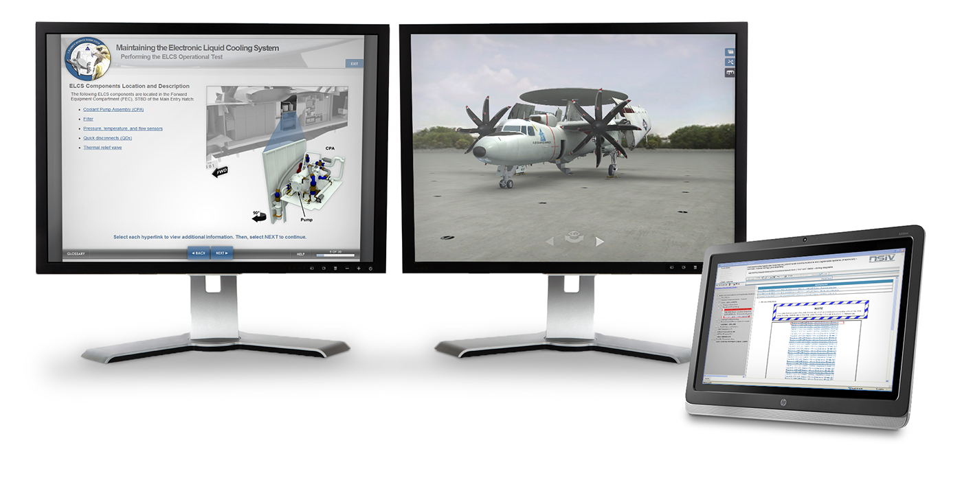 Composite mockup showing the courseware, PC simulation, and electronic manual installation