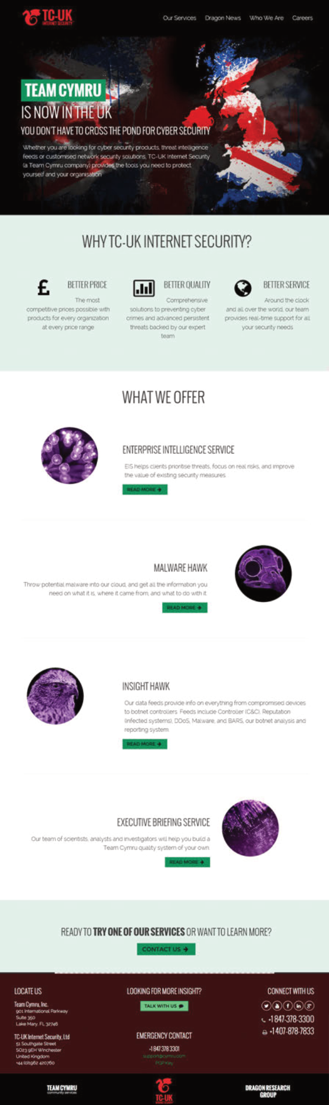 Final Team Cymru website homepage design with dark photography and hawk imagery